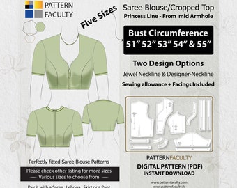 Saree Blouse High Neckline – Princess Line from mid armhole – One Design with two options – Five Sizes 47 - 51 – DIGITAL PATTERN.