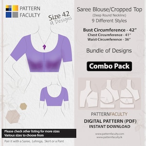 Saree Blouses – Round Deep Neckline, PDF Patterns for size 42 (Bust Circumference 42”), Digital PDF Patterns, 9 Designs, Best Fitted blouse