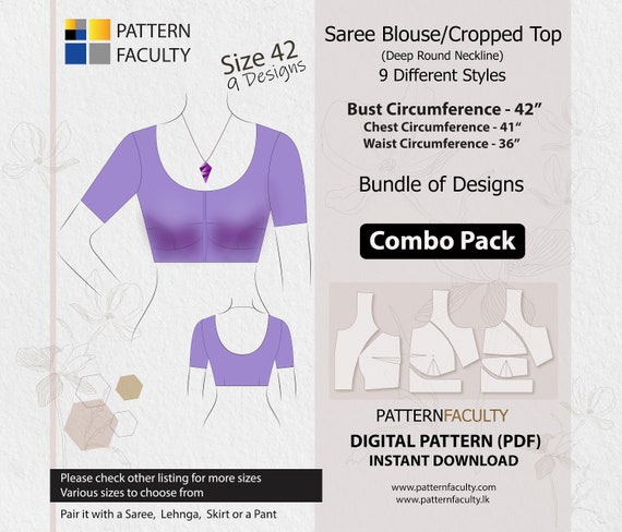 Saree Blouses Round Deep Neckline, PDF Patterns for Size 42 bust