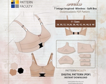 Vintage Inspired Wireless Soft Bra Pattern – Downloadable PDF Pattern. sizes 28, 30, 32, 34, 36, 38, 40, 42, 44, 46 and 48.  11 Sizes.