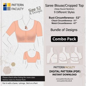Saree Blouses – Crop Top - Round Deep Neckline, PDF Patterns for Bust Circumference 52”, Digital PDF Patterns, 9 Designs, Best Fitted Tops.