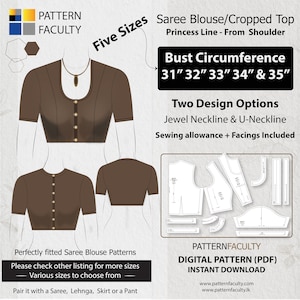 Saree Blouse Hi-neck - Princess  from Shoulder - One Design with two options  - Sizes Bust circumference 31,32,33,34 & 35. DIGITAL PATTERN