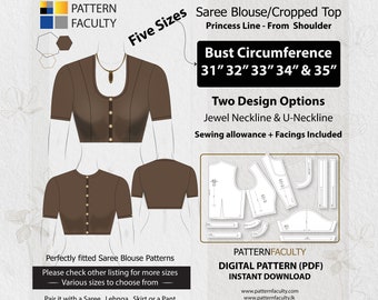 Saree Blouse Hi-neck - Princess  from Shoulder - One Design with two options  - Sizes Bust circumference 31,32,33,34 & 35. DIGITAL PATTERN