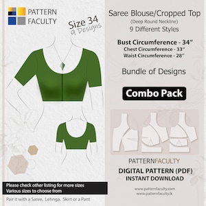 Saree Blouses – Round Deep Neckline, PDF Patterns for size 34 (Bust Circumference 34”), Digital PDF Patterns, 9 Designs, Best Fitted blouses