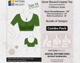 Saree Blouses – Round Deep Neckline, PDF Patterns for size 34 (Bust Circumference 34”), Digital PDF Patterns, 9 Designs, Best Fitted blouses