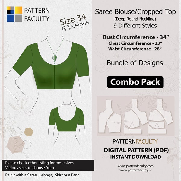 Saree Blouses – Round Deep Neckline, PDF Patterns for size 34 (Bust Circumference 34”), Digital PDF Patterns, 9 Designs, Best Fitted blouses