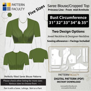 Saree Blouse High Neckline – Princess Line from mid armhole – One Design with two options – Five Sizes 31 - 35 – DIGITAL PATTERN.