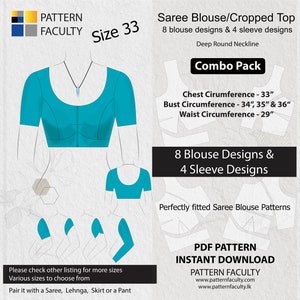 May include: A digital pattern for a saree blouse or cropped top in size 33. The pattern includes 8 blouse designs and 4 sleeve designs. The pattern is available for instant download. The pattern is for a deep round neckline and has a combo pack option. The measurements are: chest circumference 33 inches, bust circumference 34, 35, and 36 inches, and waist circumference 29 inches.