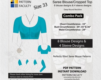 Saree Blouses - PDF, Crop Tops, Fitted Tops,  Deep Neckline,  Size 33, Digital PDF Patterns, 8 Blouse Designs + 4 Sleeve Designs.