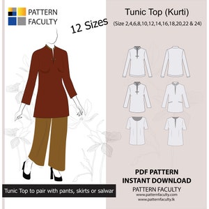 Puede incluir: Un patrón de costura digital para una túnica o kurti en 12 tallas, de la 2 a la 24. El patrón incluye una vista frontal y posterior de la parte superior, así como un primer plano del escote y las mangas. El patrón está disponible para descarga instantánea. El texto "PATTERN FACULTY" está incluido en la imagen.
