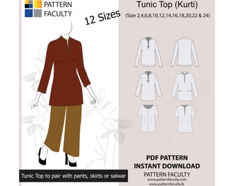 May include: A digital sewing pattern for a tunic top or kurti in 12 sizes, from 2 to 24. The pattern includes a front and back view of the top, as well as a close-up of the neckline and sleeves. The pattern is available for instant download.  The text "PATTERN FACULTY" is included in the image.