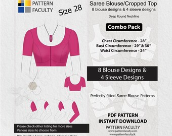 Saree Blouses - PDF, Crop Tops, Fitted Tops,  Deep Neckline,  Size 28, Digital PDF Patterns, 8 Blouse Designs + 4 Sleeve Designs.