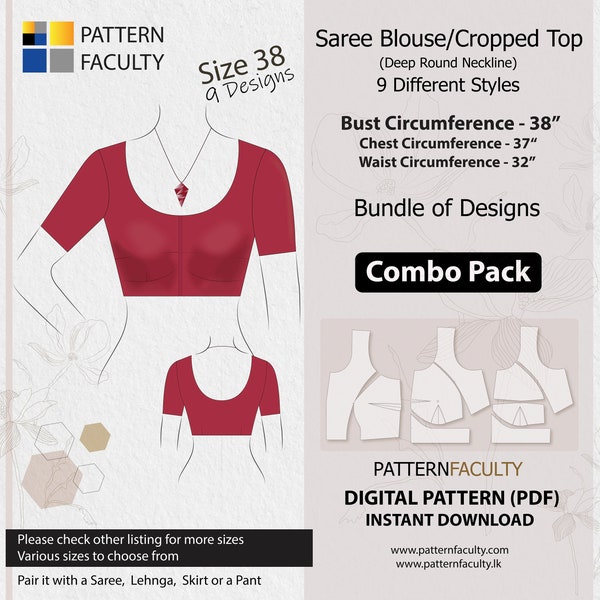 Saree Blouses – Round Deep Neckline, PDF Patterns for size 38 (Bust Circumference 38”), Digital PDF Patterns, 9 Designs, Best Fitted Blouses