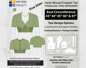 Saree Blouse High Neckline – Princess Line from mid armhole – One Design with two options – Five Sizes 43 - 47 – DIGITAL PATTERN.
