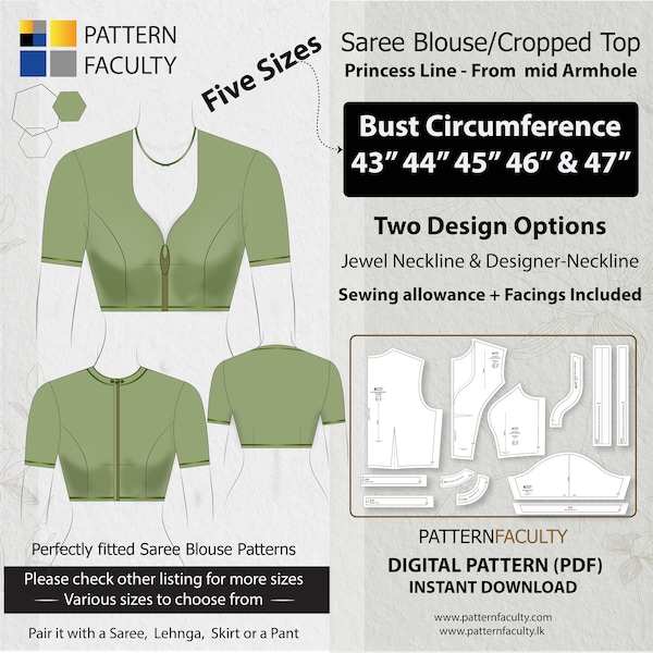 Saree Blouse High Neckline – Princess Line from mid armhole – One Design with two options – Five Sizes 43 - 47 – DIGITAL PATTERN.