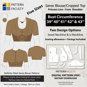 Puede incluir: Un patrón digital para una blusa de sari o un top corto con cinco tallas, medidas de busto de 39 a 43 pulgadas, y dos opciones de diseño: escote joya y escote en U. El patrón incluye margen de costura y forros. El patrón está disponible para descargar digitalmente.