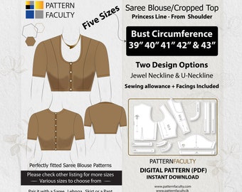 Saree Blouse High Neckline - Princess Line Shoulder - One Design with two options- Bust Sizes 39",40",41",42" & 43" -DIGITAL PATTERN