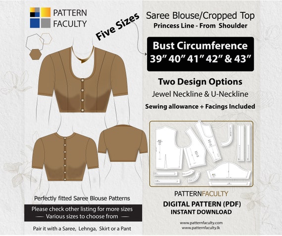 Saree Blouse High Neckline - Princess Line Shoulder - One Design with two options- Bust Sizes 39",40",41",42" & 43" -DIGITAL PATTERN