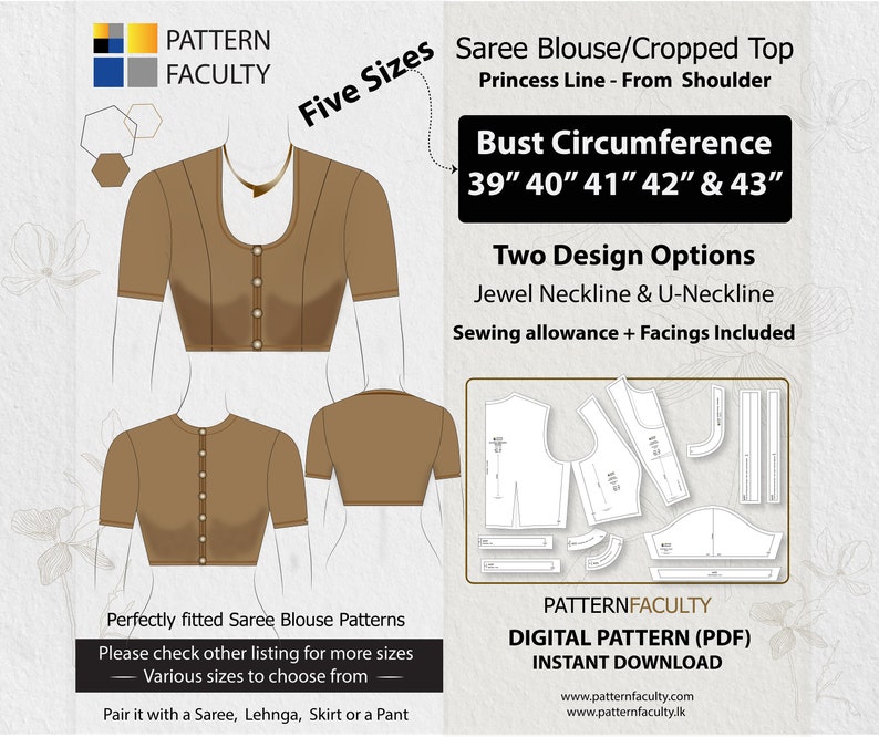May include: A digital pattern for a saree blouse or cropped top with five sizes, bust measurements from 39 to 43 inches, and two design options: jewel neckline and U-neckline. The pattern includes sewing allowance and facings. The pattern is available as a digital download.