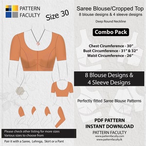 Saree Blouses - PDF, Crop Tops, Fitted Tops,  Deep Neckline,  Size 30, Digital PDF Patterns, 8 Blouse Designs + 4 Sleeve Designs.