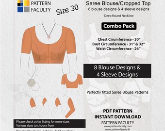 Saree Blouses - PDF, Crop Tops, Fitted Tops,  Deep Neckline,  Size 30, Digital PDF Patterns, 8 Blouse Designs + 4 Sleeve Designs.
