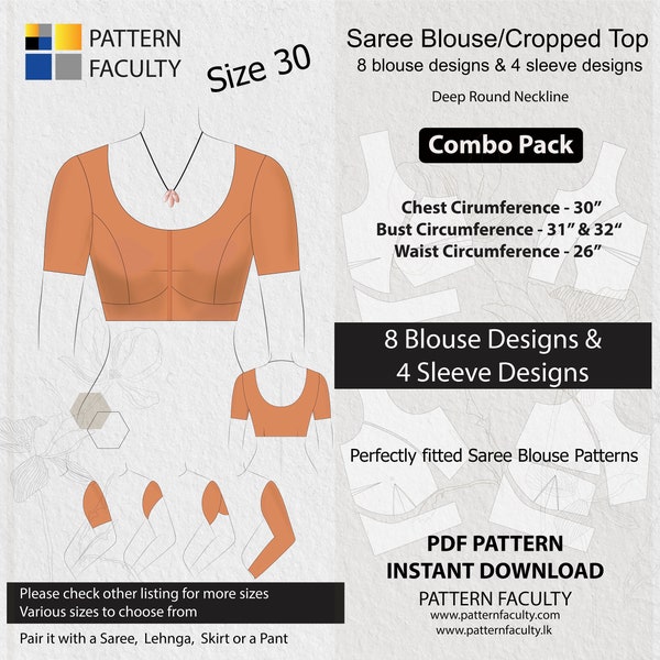 Saree Blouses - PDF, Crop Tops, Fitted Tops,  Deep Neckline,  Size 30, Digital PDF Patterns, 8 Blouse Designs + 4 Sleeve Designs.