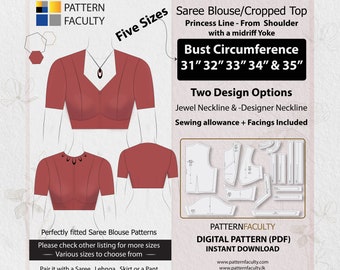 Saree Blouse High Neckline – Princess Line from Shoulder with Yoke – One Design with two options – Five Sizes: Bust 31-35–DIGITAL PATTERN.