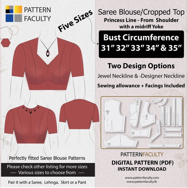 Saree Blouse High Neckline – Princess Line from Shoulder with Yoke – One Design with two options – Five Sizes: Bust 31-35–DIGITAL PATTERN.