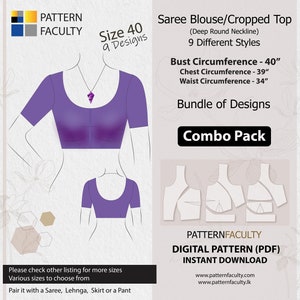 Saree Blouses – Round Deep Neckline, PDF Patterns for size 40 (Bust Circumference 40”), Digital PDF Patterns, 9 Designs, Best Fitted blouse