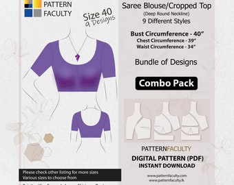 Saree Blouses – Round Deep Neckline, PDF Patterns for size 40 (Bust Circumference 40”), Digital PDF Patterns, 9 Designs, Best Fitted blouse