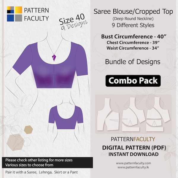 Saree Blouses – Round Deep Neckline, PDF Patterns for size 40 (Bust Circumference 40”), Digital PDF Patterns, 9 Designs, Best Fitted blouse