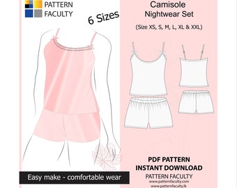 PDF - Digital Sewing Pattern  - Instant Download Camisole Nightwear SET - 6 sizes (xs,s,m,l,xl,xxl), Women Strap Pyjama set