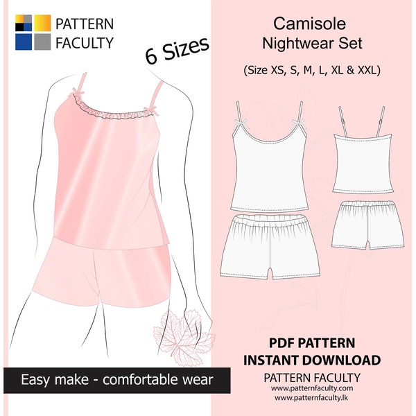 PDF - Digital Sewing Pattern  - Instant Download Camisole Nightwear SET - 6 sizes (xs,s,m,l,xl,xxl), Women Strap Pyjama set