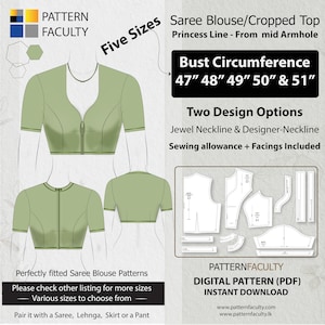 Saree Blouse High Neckline – Princess Line from mid armhole – One Design with two options – Five Sizes 47 - 51 – DIGITAL PATTERN.