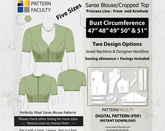 Saree Blouse High Neckline – Princess Line from mid armhole – One Design with two options – Five Sizes 47 - 51 – DIGITAL PATTERN.