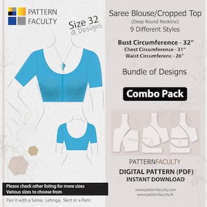 Saree Blouses – Round Deep Neckline, PDF Patterns for size 32 (Bust Circumference 32”), Digital PDF Patterns, 9 Designs, Best Fitted Blouse.
