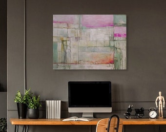 Abstract Original Acrylic Landscape Painting, Abstract Canvas Art, Mixed Media Art, Pink Green Orange White Painting