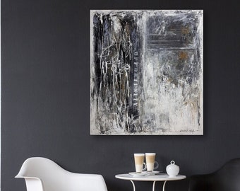 Peinture abstraite originale en noir et blanc sur toile, art mural moderne
