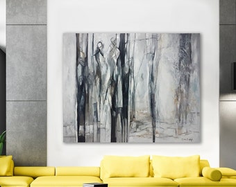 Large Abstract Wall Art High Quality Canvas ART PRINT, Unique Home Decor, People Painting, Gray Black & White