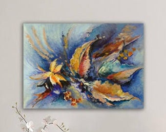 Acrylic painting Original Abstract Flowers, Abstract Floral Art, Blue Painting Red Orange Yellow, Modern Art Painting, Large Wall Art