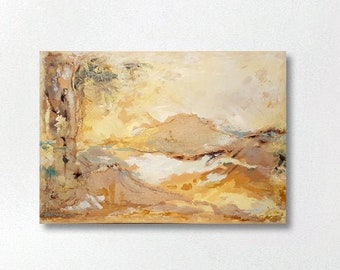 Abstract Mixed Media Art, Original Landscape, Acrylic Painting Textured, Abstract Art, Yellow Beige Brown Painting, Original Textured Art
