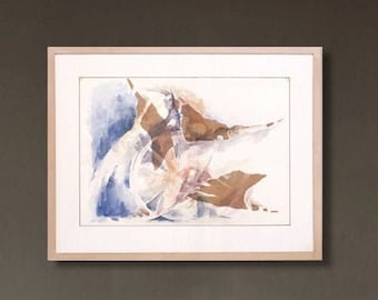 Abstract Painting Original Art, Watercolor Painting, Paper Abstract Birds on Canson Paper Art, Blue Painting Brown White, Interior Art Work