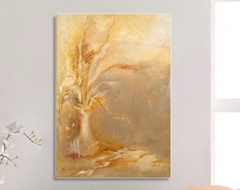 Abstract Floral Acrylic Painting, Yellow Brown Orange, Large Wall Art (39.37x27.56)