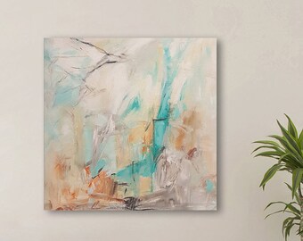 Pintura abstracta original de paisaje turquesa, arte acrílico moderno.