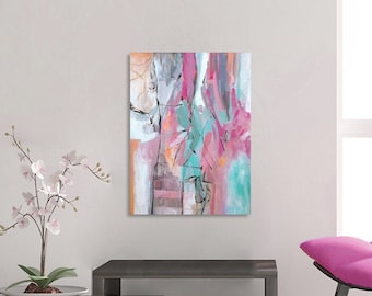 Abstract Painting Original Canvas, Acrylic Painting on Canvas, Abstract Art Flower Painting, Acrylic Painting, Turquoise Painting Pink White