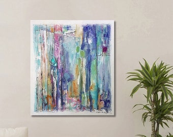 Abstract Painting Original Acrylic Canvas Wall Art, Impressionist Art, Colorful Modern Painting Wall Art on Canvas, Gift for her, Turquoise