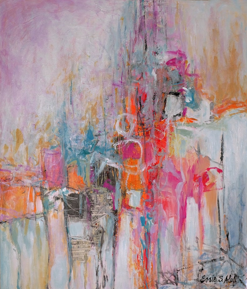 Op de afbeelding: Abstract schilderij met een mix van roze, oranje, rode en blauwe tinten. Het schilderij heeft een gelaagde en textuurrijke uitstraling, met zichtbare penseelstreken. De handtekening van de kunstenaar staat in de rechterbenedenhoek.