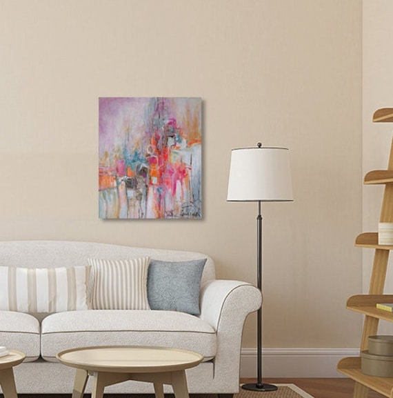 Abstract Cityscape Painting, Barcelona Art, Colorful Acrylic on Canvas