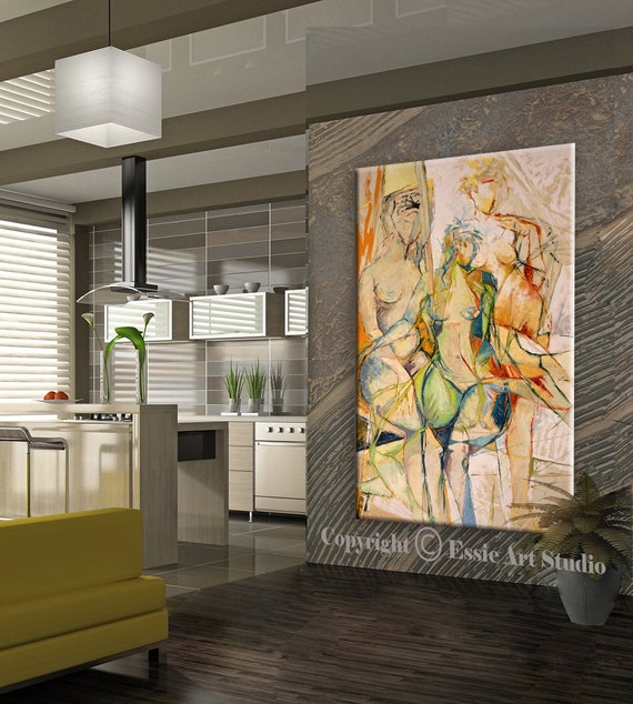 Extra Large Wall Art Print Original Abstract Painting Canvas Art Print Nude Woman Abstract Art White Beige Orange Green Blue Painting