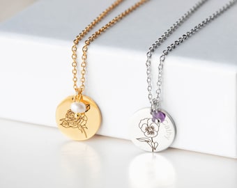Collar personalizado de flores y piedras de nacimiento en acero inoxidable